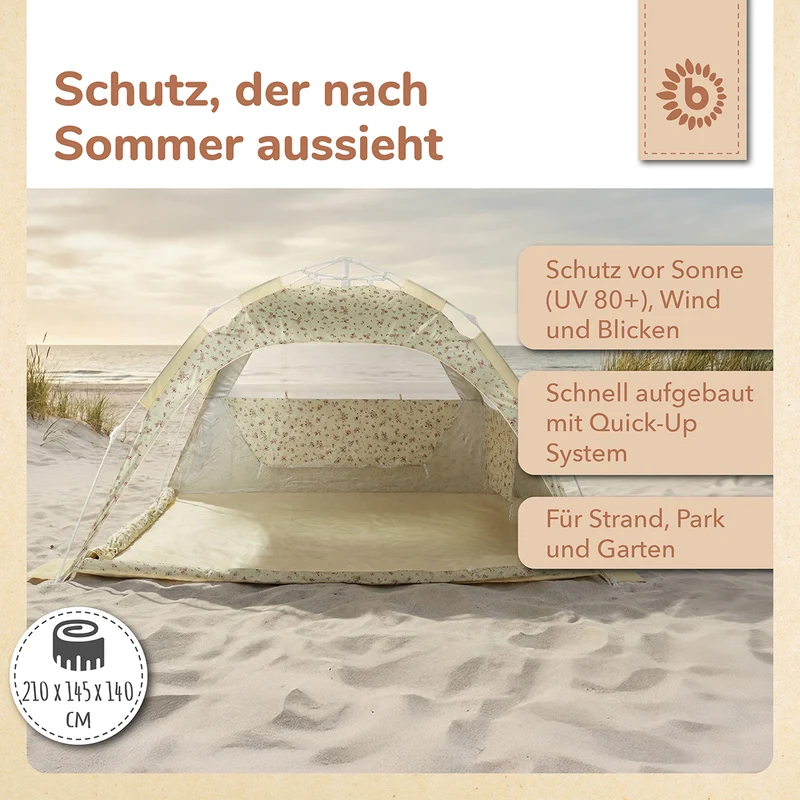 Strandzelt Vintage Flowers – Strandmuschel mit Quick-Up System, UV-Schutz 80+ & Sichtschutz