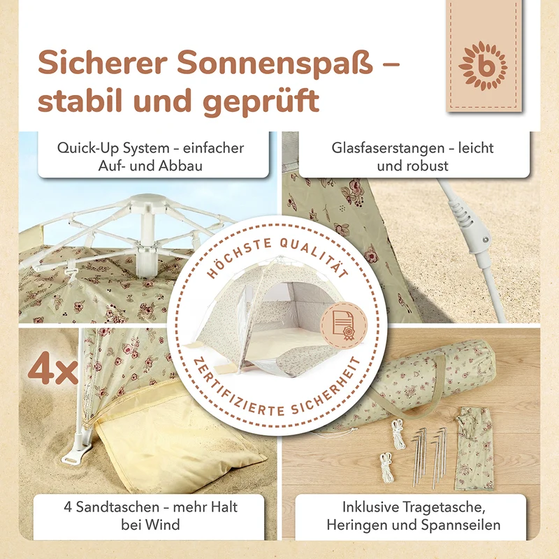 Strandzelt Vintage Flowers – Strandmuschel mit Quick-Up System, UV-Schutz 80+ & Sichtschutz
