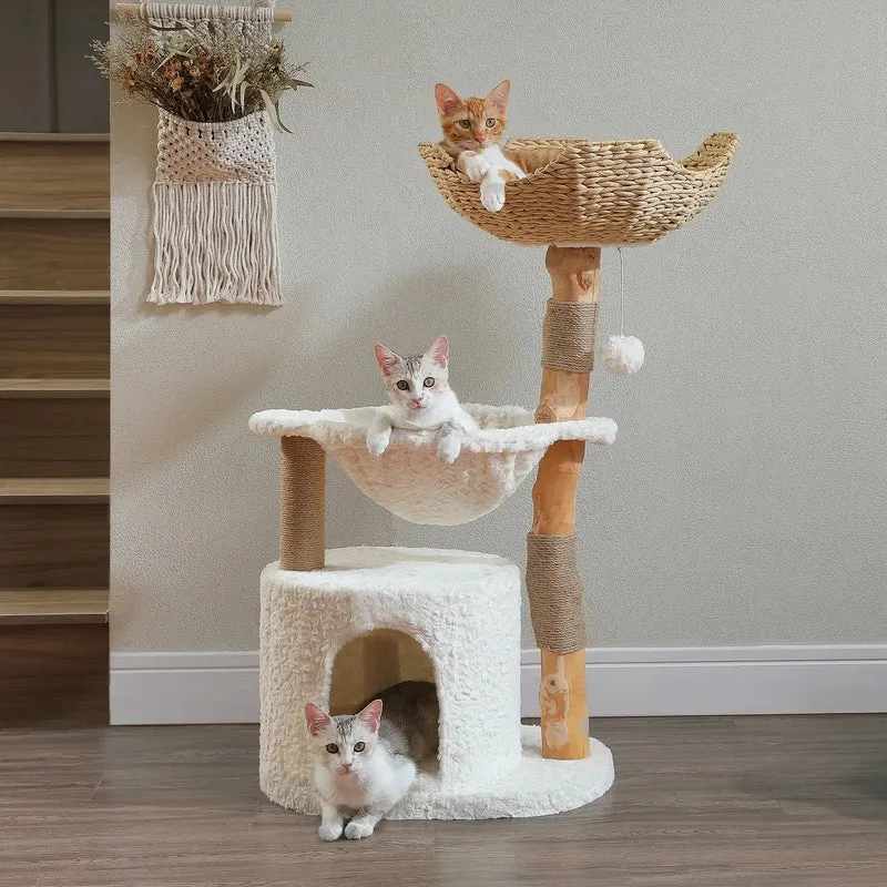Arbre à chat en bois naturel avec panier en osier et hamac design