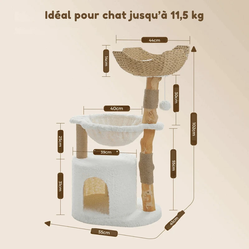 Arbre à chat en bois naturel avec panier en osier et hamac design