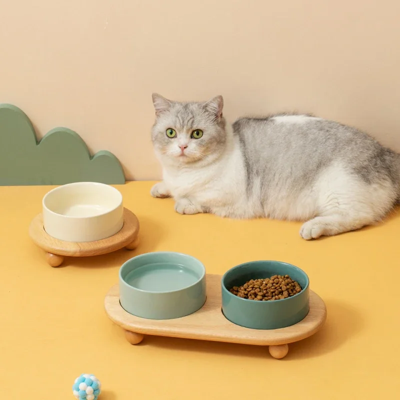 Gamelle chat céramique surélevée avec support bois