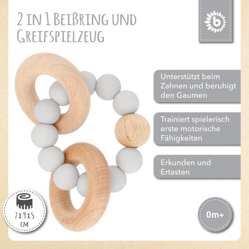Beißring mit Silikonkette silver