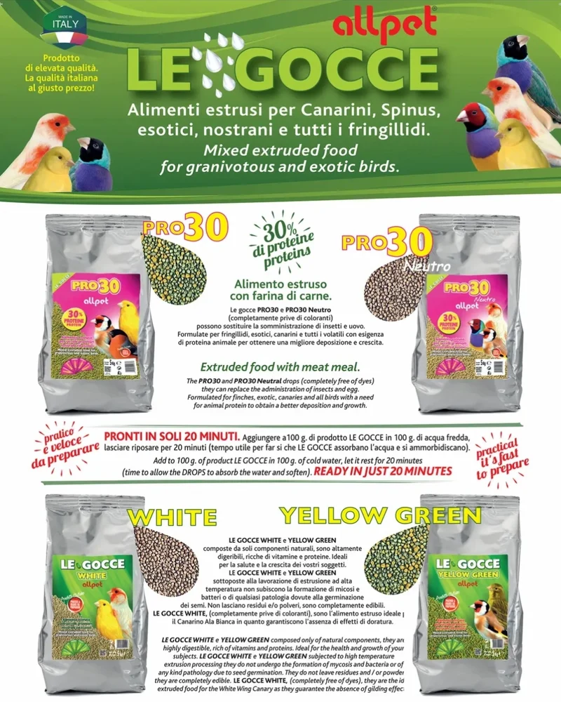 Le Gocce Pro30 900 grammes (substitut de graines germées, couleur vert-jaune) 30 % de protéines - AllPet
