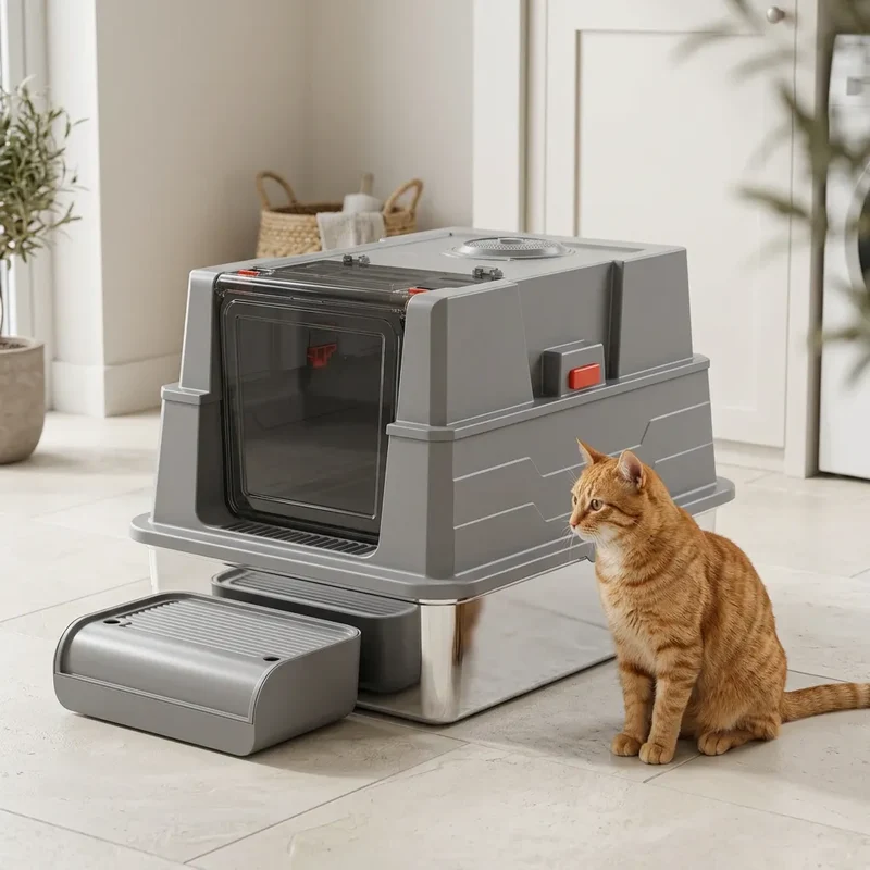 Bac à litière pour chat XXL 130L en Acier Inoxydable et Couvercle 180°