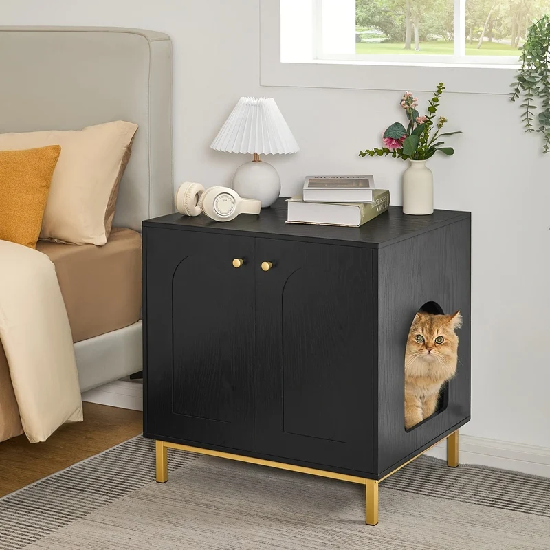 Meuble cache litière chat avec porte – table d’appoint bois