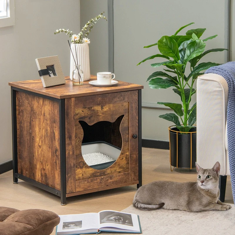 Meuble cache-litière en métal pour chat, design respirant