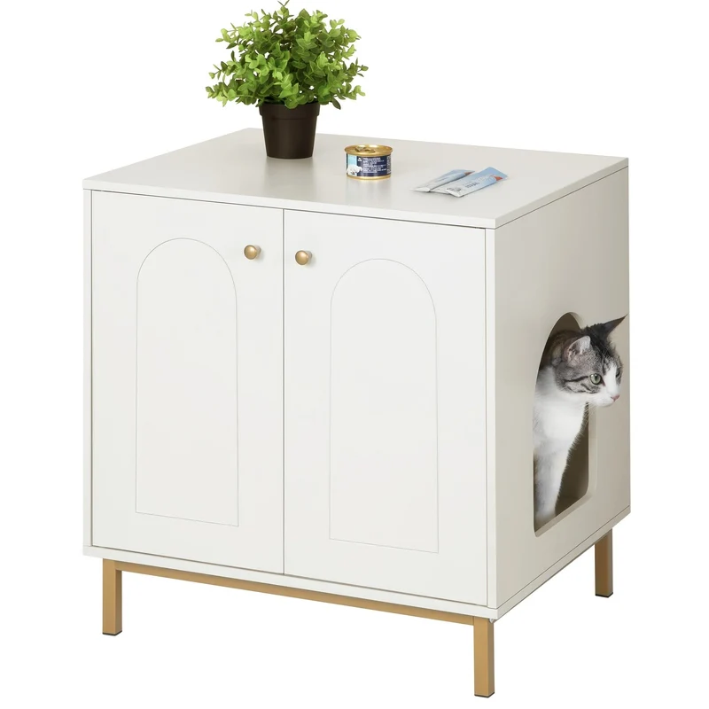 Meuble cache-litière design – armoire pour chat blanche & dorée