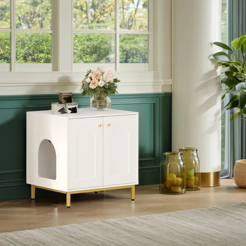 Meuble cache-litière design – armoire pour chat blanche & dorée