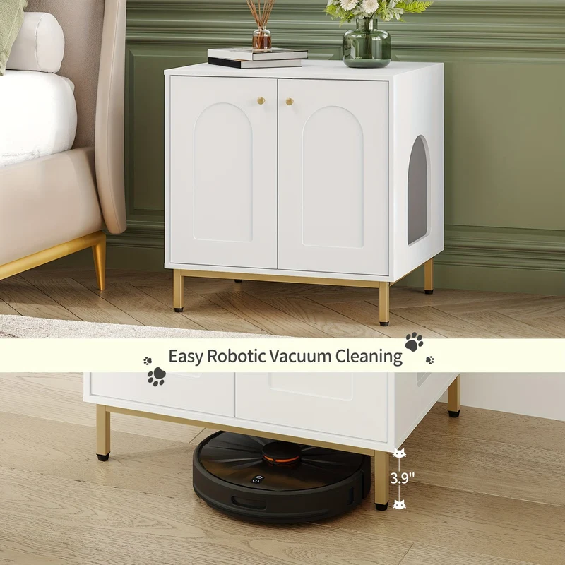 Meuble cache-litière design – armoire pour chat blanche & dorée