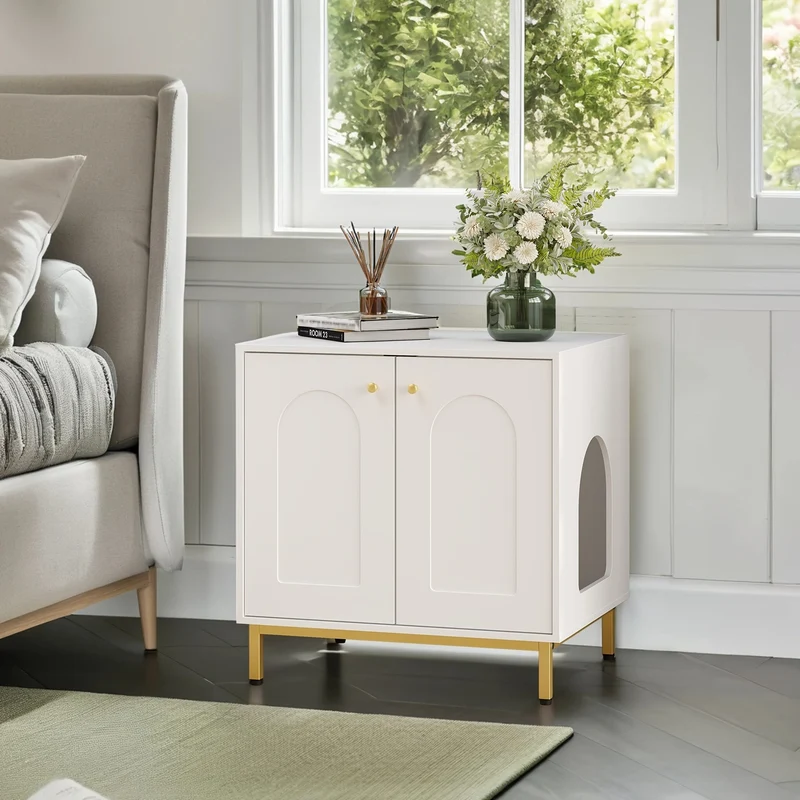 Meuble cache-litière design – armoire pour chat blanche & dorée