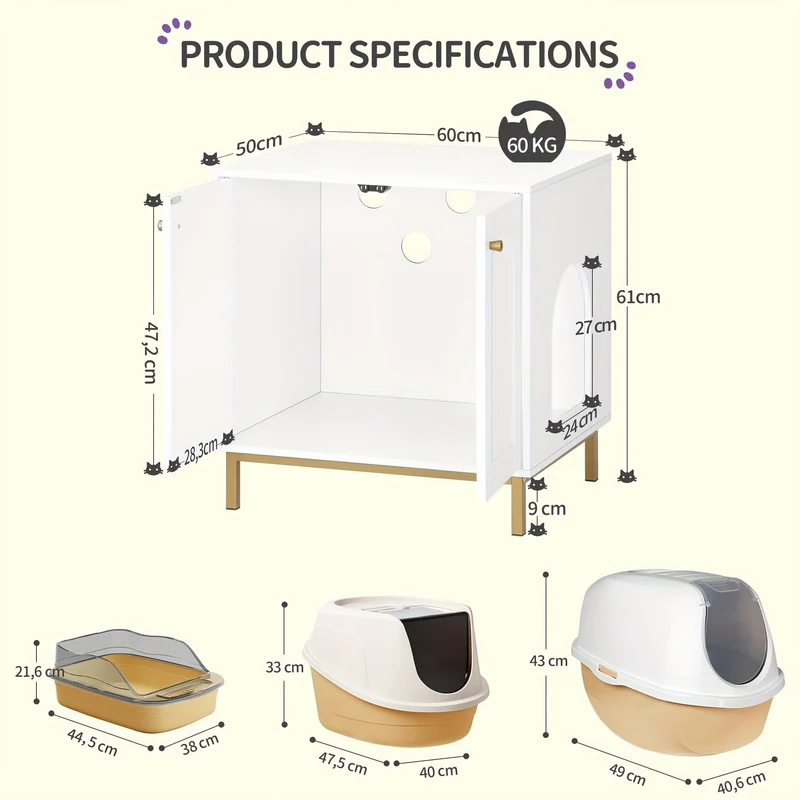 Meuble cache-litière design – armoire pour chat blanche & dorée