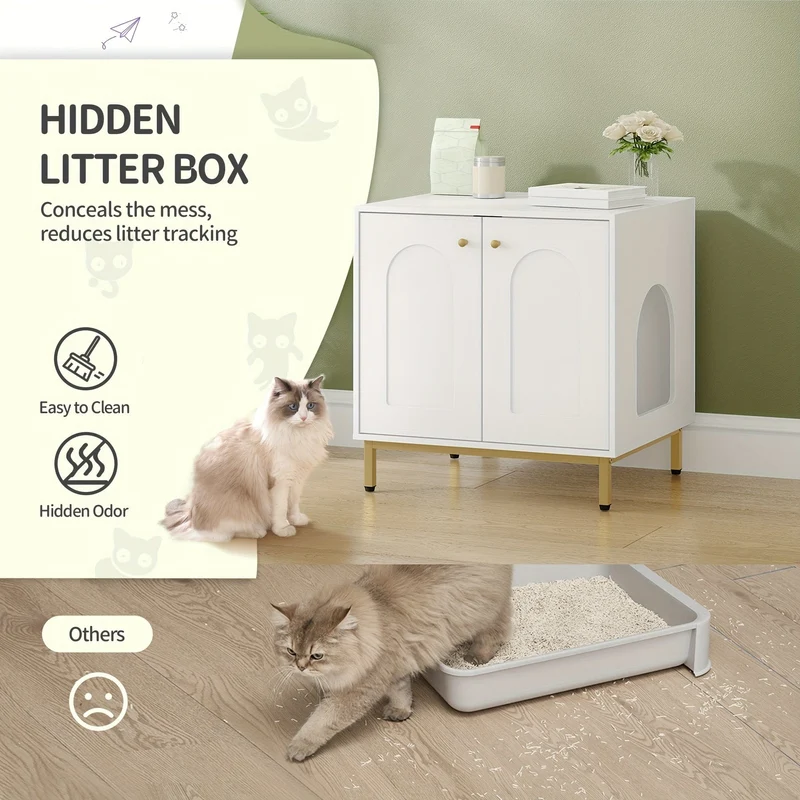 Meuble cache-litière design – armoire pour chat blanche & dorée