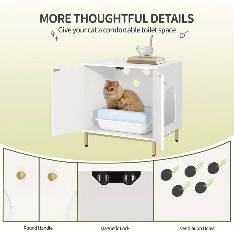 Meuble cache-litière design – armoire pour chat blanche & dorée