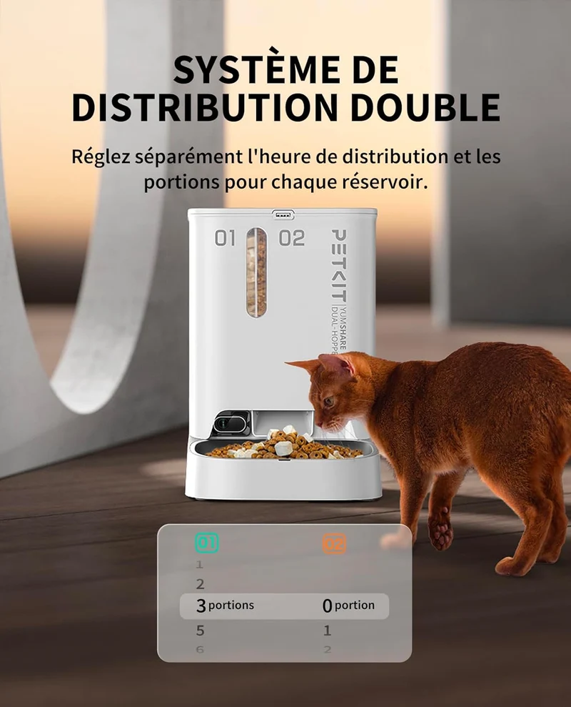 YumShare Dual-hopper distributeur de croquettes automatique connecté double avec caméra IA - 5L
