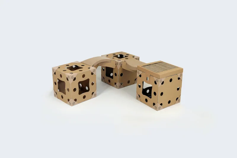 Arbre à Chat en Carton - Kit 3 Cubes Kraft, 2 Arches, 1 Griffoir