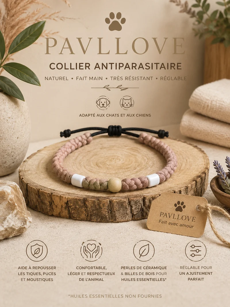 Collier Marron Torsadé Anti-Tiques Naturel, Antiparasitaire avec Perles de Céramique EM