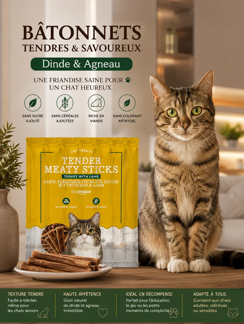 Bâtonnets pour chat dinde agneau Friandises tendres x10