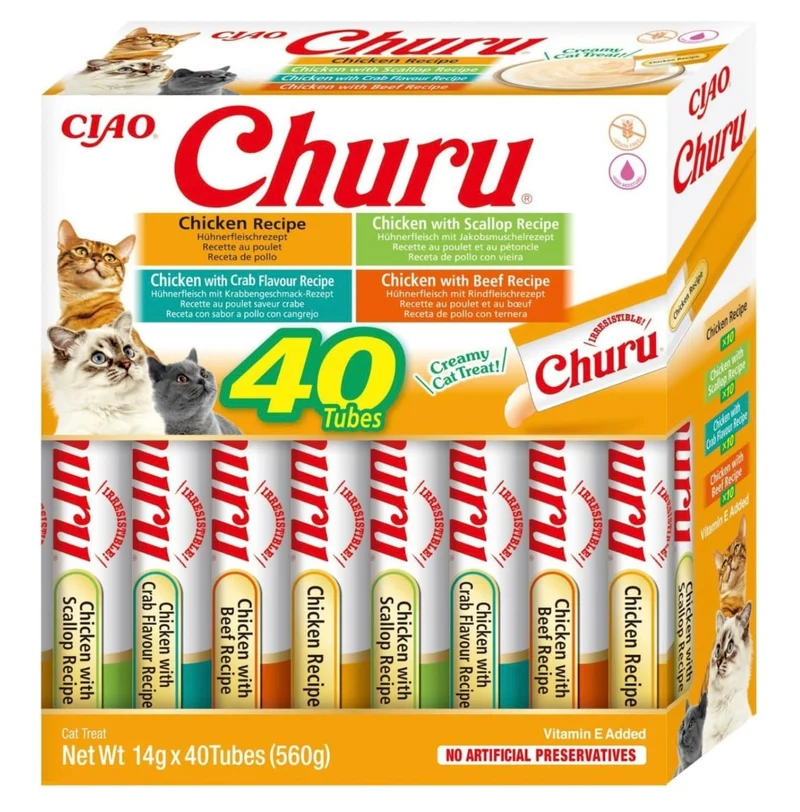 INABA Churu – Friandises Liquides pour Chats – 4 Saveurs de Poulet – 40 Tubes x 14g