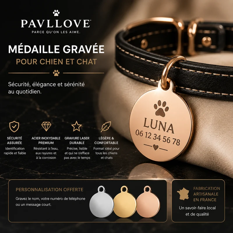 Médaillon Personnalisé Chien & Chat – Gravure Premium – Acier Inoxydable Doré / Argenté / Or Rosé – 30 mm