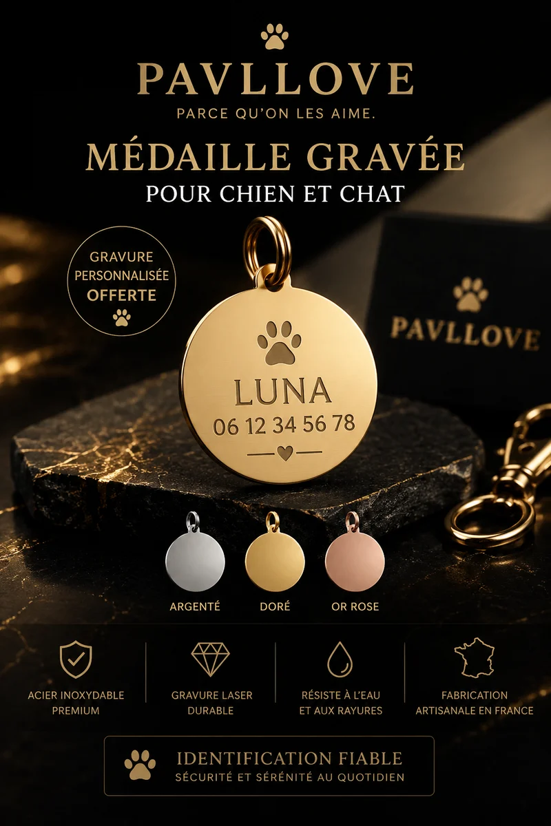 Médaillon Personnalisé Chien & Chat – Gravure Premium – Acier Inoxydable Doré / Argenté / Or Rosé – 30 mm