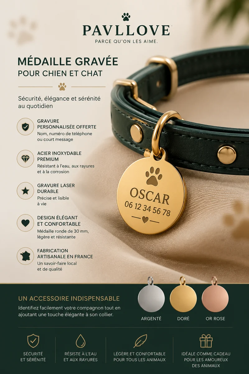 Médaillon Personnalisé Chien & Chat – Gravure Premium – Acier Inoxydable Doré / Argenté / Or Rosé – 30 mm